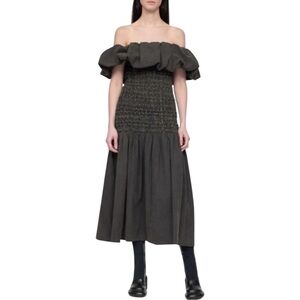 NWT Sea New York Juni Garment Dye Brown Smocked Bodice Off Shoulder Midi Dress